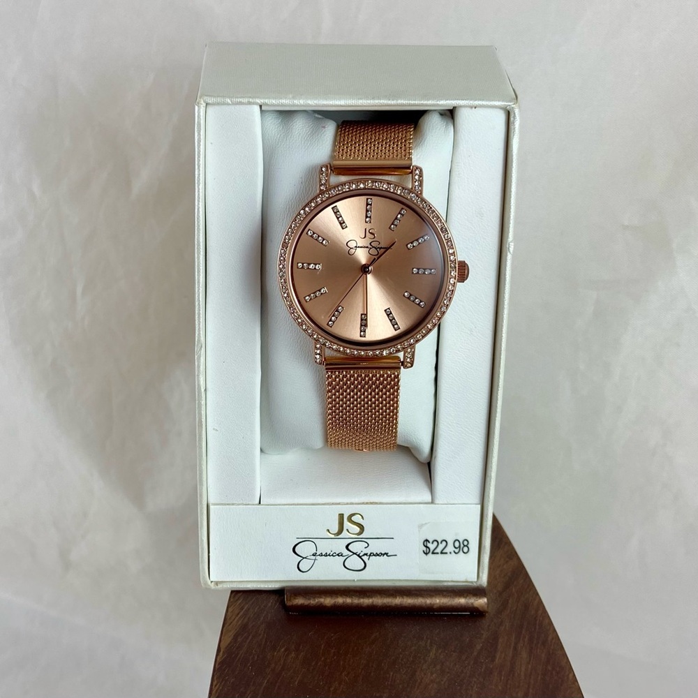 Jessica Simpson Rose Gold Watch 36mm Crystal Encrusted Adjustable Mesh Band NEW